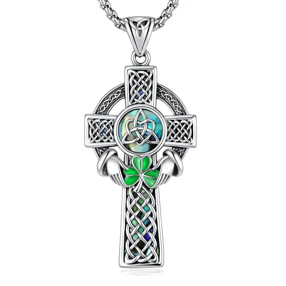 Celtic Cross Abalone Shell Necklace Triquetra Claddagh Pendant-MoonChildWorld