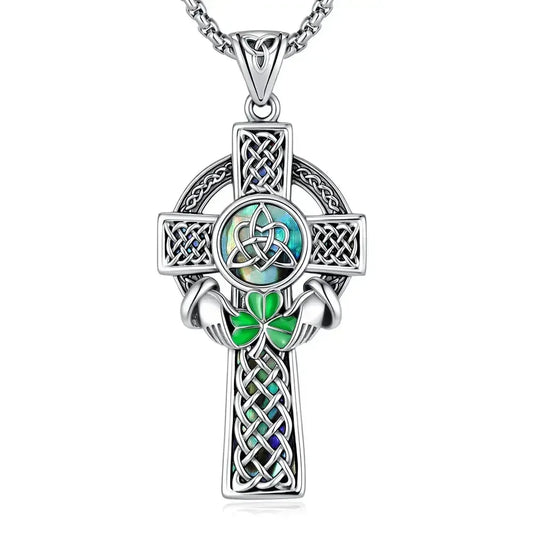 Celtic Cross Abalone Shell Necklace Triquetra Claddagh Pendant-MoonChildWorld