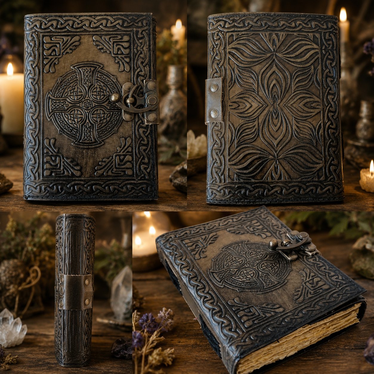 Celtic Cross Leather Journal – Vintage Handmade Book of Shadows Pagan Grimoire – leather journal, open blank pages view