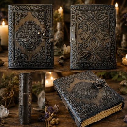 Celtic Cross Leather Journal – Vintage Handmade Book of Shadows Pagan Grimoire – leather journal, open blank pages view
