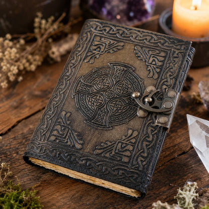 Celtic Cross Leather Journal – Vintage Handmade Book of Shadows Pagan Grimoire – leather journal, close-up cover detail