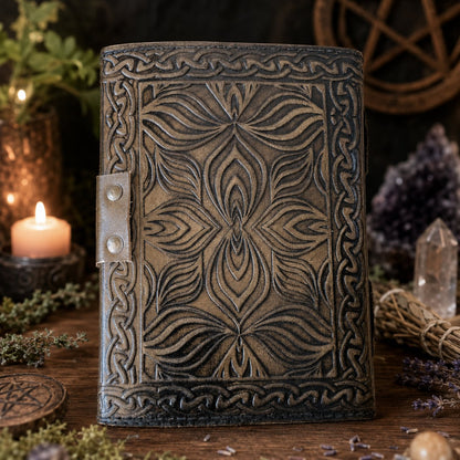 Celtic Cross Leather Journal – Vintage Handmade Book of Shadows Pagan Grimoire – leather journal, size and scale view