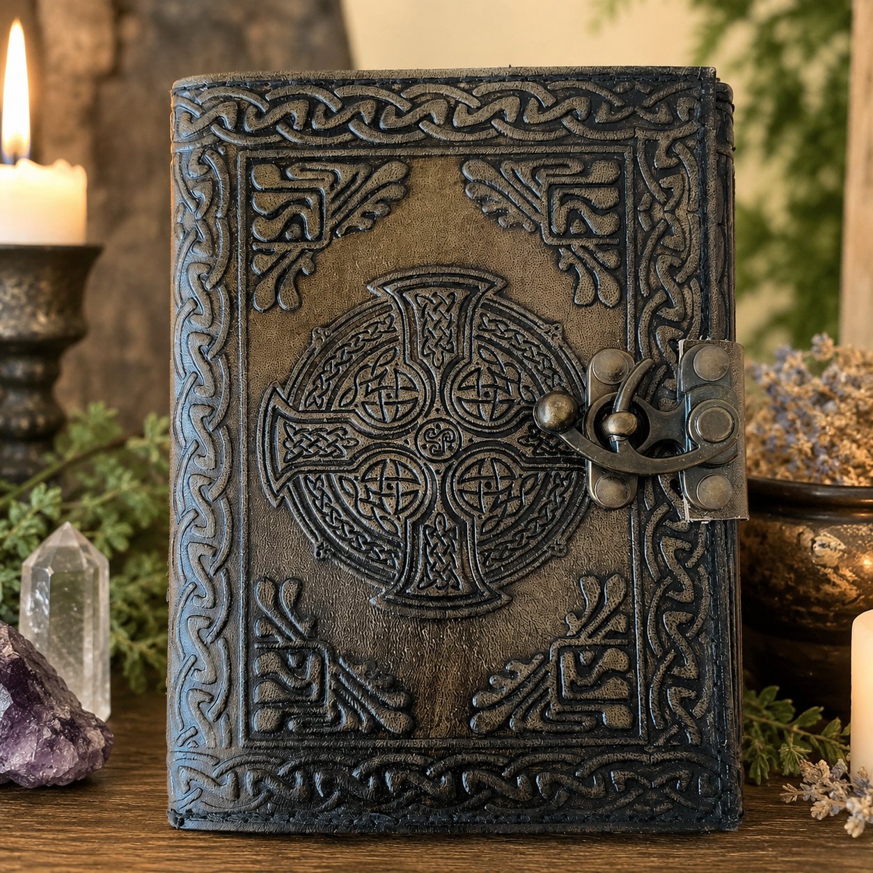 Celtic Cross Leather Journal – Vintage Handmade Book of Shadows Pagan Grimoire – leather journal, front cover view