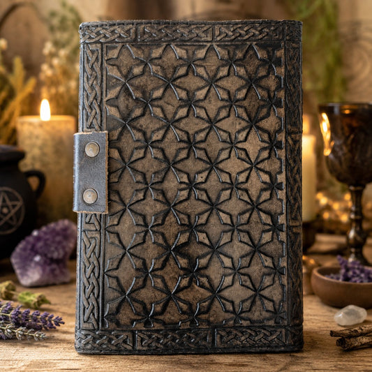 Celtic Cross Stone Leather Journal – Antique Handmade Book of Shadows Grimoire – leather journal, back cover view