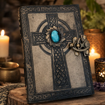 Celtic Cross Stone Leather Journal – Antique Handmade Book of Shadows Grimoire – leather journal, open blank pages view