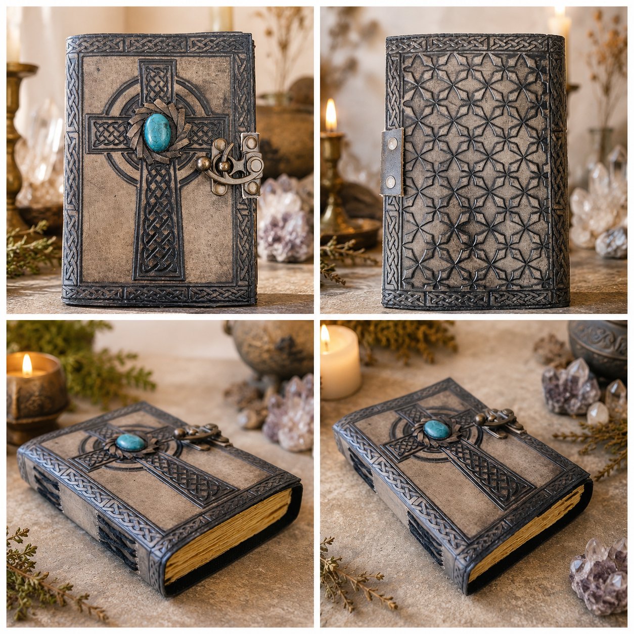 Celtic Cross Stone Leather Journal – Antique Handmade Book of Shadows Grimoire – leather journal, close-up cover detail