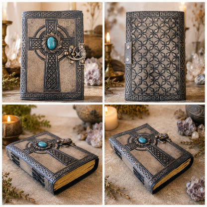 Celtic Cross Stone Leather Journal – Antique Handmade Book of Shadows Grimoire – leather journal, close-up cover detail