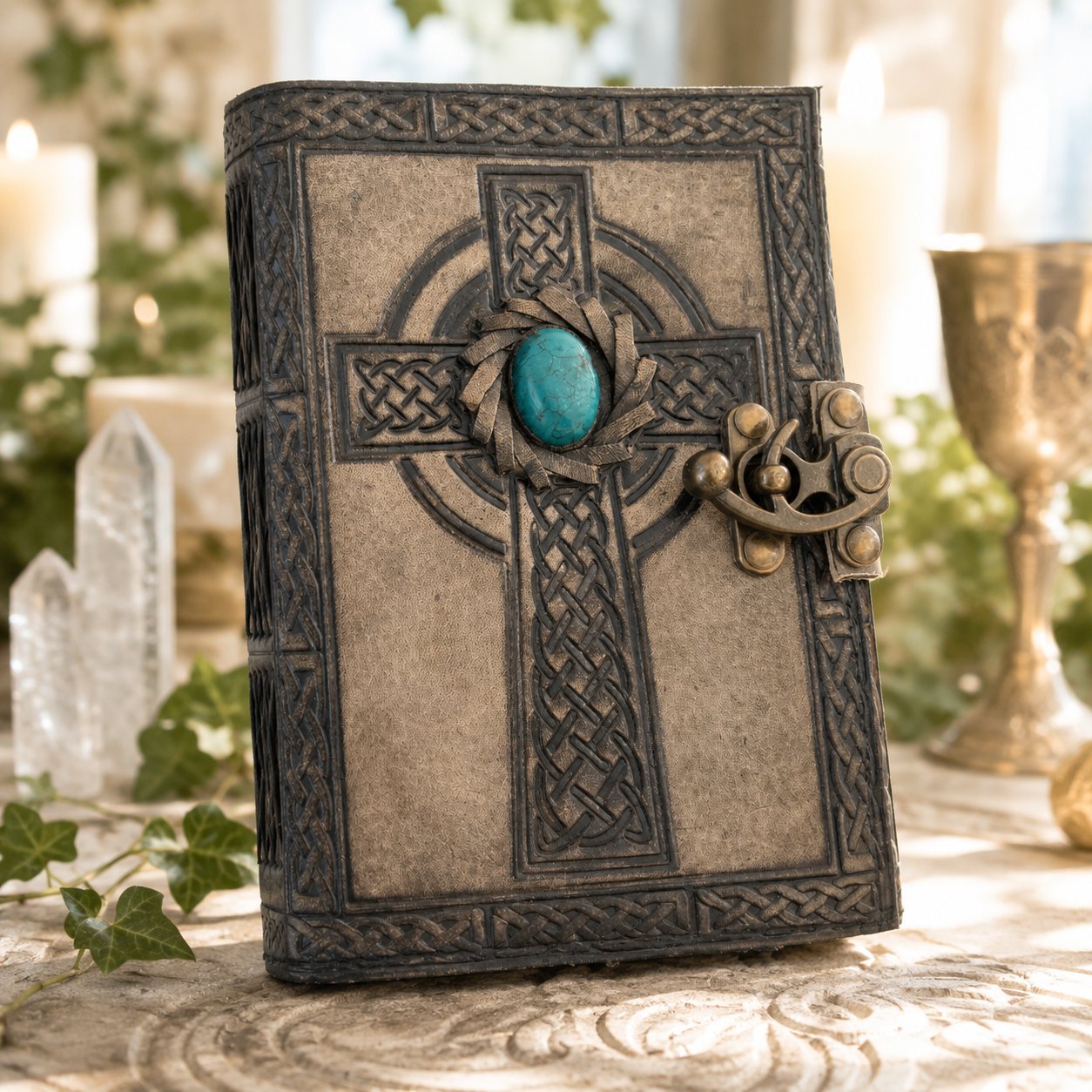 Celtic Cross Stone Leather Journal – Antique Handmade Book of Shadows Grimoire – leather journal, front cover view