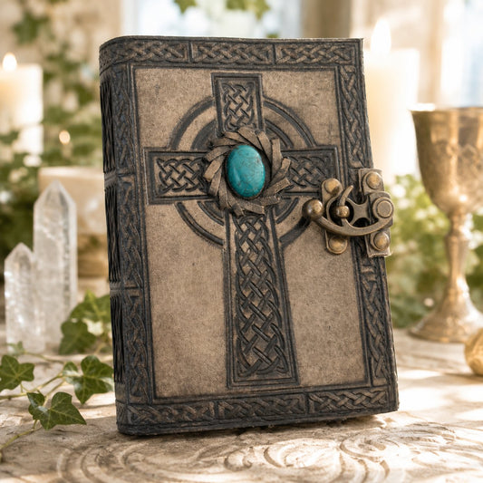 Celtic Cross Stone Leather Journal – Antique Handmade Book of Shadows Grimoire – leather journal, front cover view