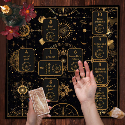 Celtic cross altar cloth – styled with tarot deck and candles