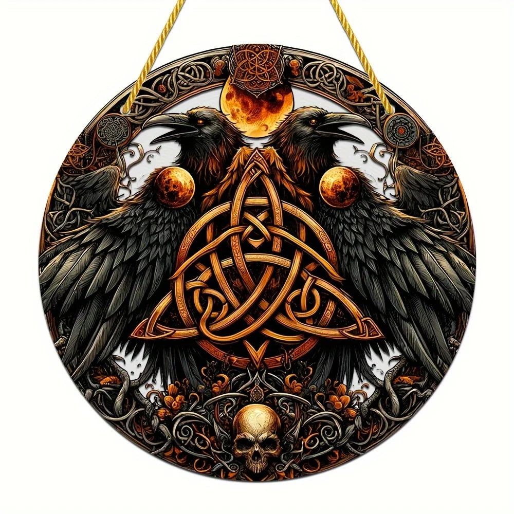 Celtic Dark Crow Suncatcher Black Raven Witchy Acrylic Round Sign Halloween Decor-MoonChildWorld