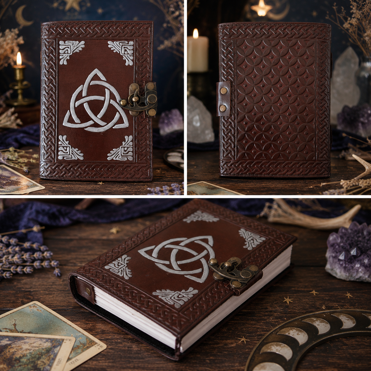 Celtic design leather journal – handmade witch grimoire, unlined cotton pages, Celtic knot cover, view 2