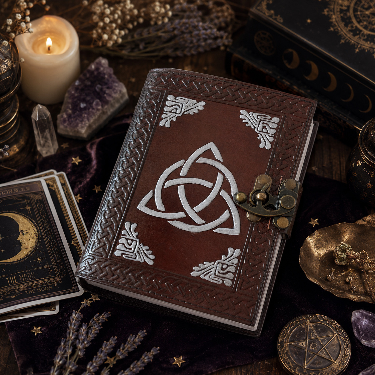 Celtic design leather journal – handmade witch grimoire, unlined cotton pages, Celtic knot cover, view 3