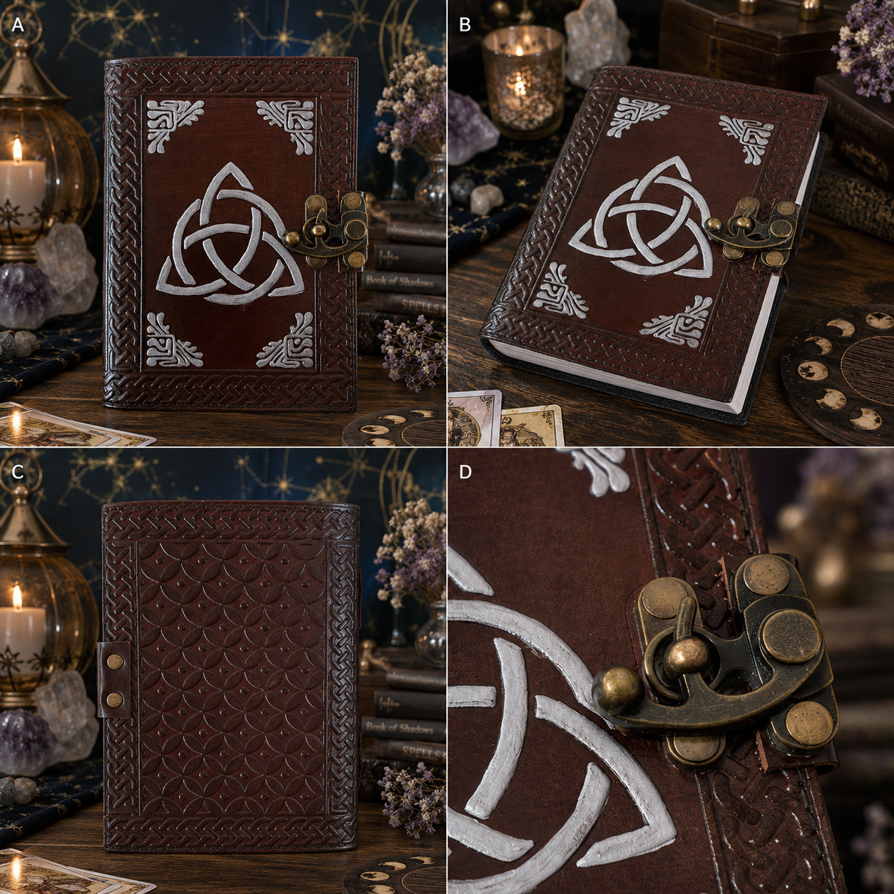 Celtic design leather journal – handmade witch grimoire, unlined cotton pages, Celtic knot cover, view 4