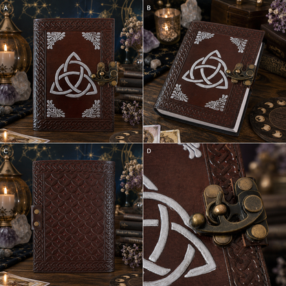 Celtic design leather journal – handmade witch grimoire, unlined cotton pages, Celtic knot cover, view 4