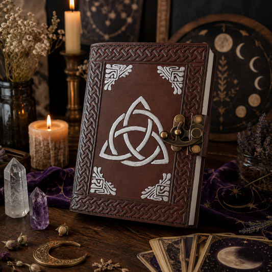 Celtic design leather journal – handmade witch grimoire, unlined cotton pages, Celtic knot cover, view 1