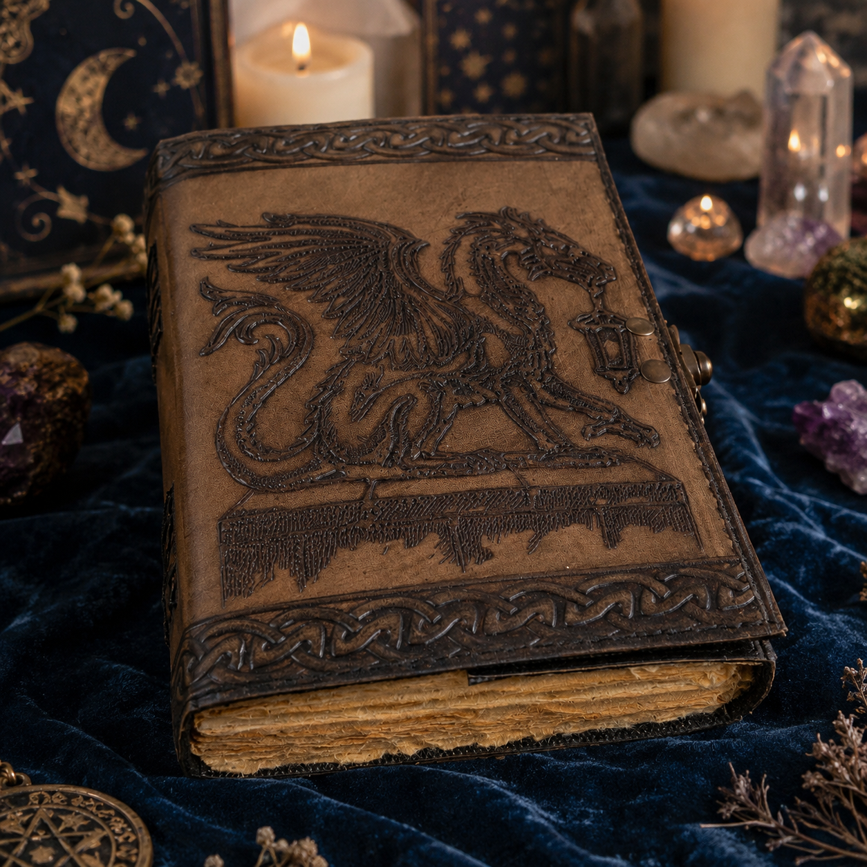Celtic dragon leather journal – handmade antique witch grimoire writing notebook, thermal latch, view 2