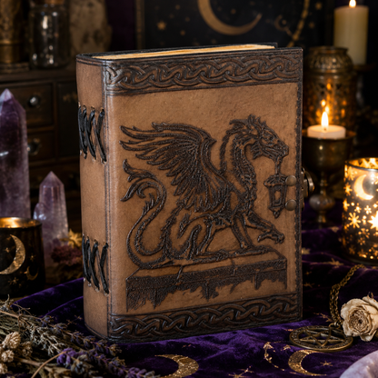 Celtic dragon leather journal – handmade antique witch grimoire writing notebook, thermal latch, view 3