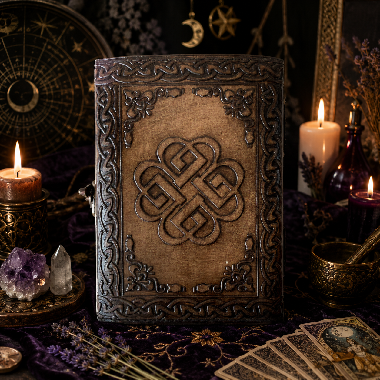 Celtic dragon leather journal – handmade antique witch grimoire writing notebook, thermal latch, view 4