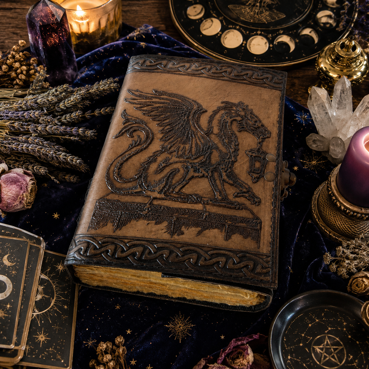 Celtic dragon leather journal – handmade antique witch grimoire writing notebook, thermal latch, view 5
