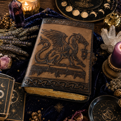 Celtic dragon leather journal – handmade antique witch grimoire writing notebook, thermal latch, view 5