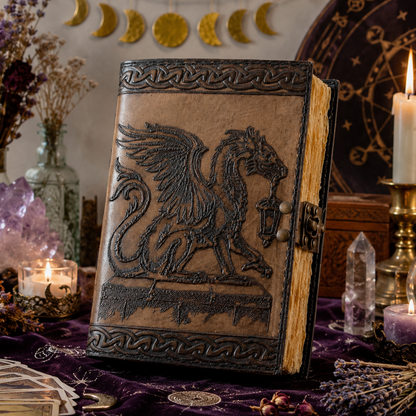 Celtic dragon leather journal – handmade antique witch grimoire writing notebook, thermal latch, view 1