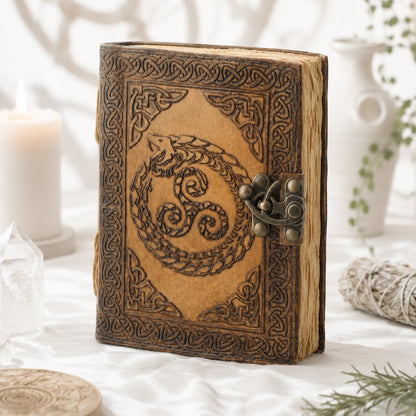 Celtic Dragon Leather Journal – Handmade Antique Witch Grimoire with Latch – leather journal, back cover view