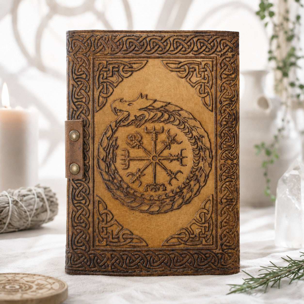 Celtic Dragon Leather Journal – Handmade Antique Witch Grimoire with Latch – leather journal, open blank pages view