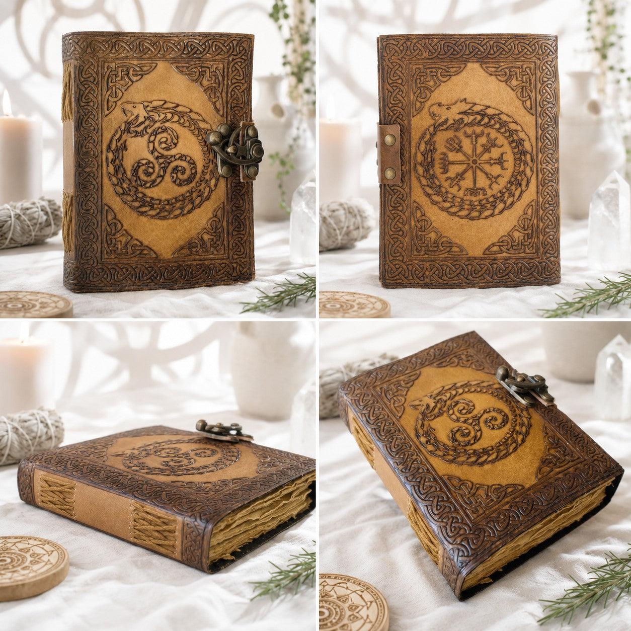 Celtic Dragon Leather Journal – Handmade Antique Witch Grimoire with Latch – leather journal, close-up cover detail