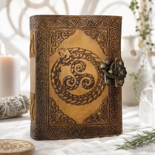 Celtic Dragon Leather Journal – Handmade Antique Witch Grimoire with Latch – leather journal, front cover view
