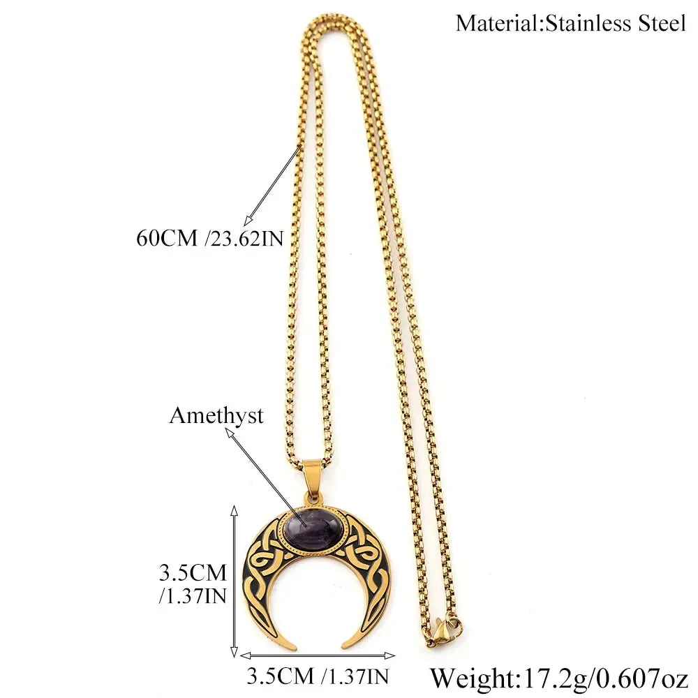 Size chart for the Celtic knot crescent moon amethyst necklace showing a 60cm/23.62in stainless steel chain and a 3.5cm/1.37in crescent pendant set with an amethyst stone, total weight 17.2g
