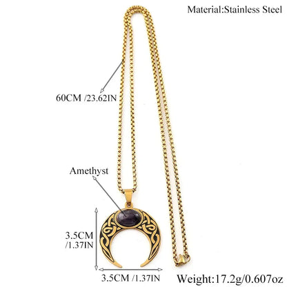 Size chart for the Celtic knot crescent moon amethyst necklace showing a 60cm/23.62in stainless steel chain and a 3.5cm/1.37in crescent pendant set with an amethyst stone, total weight 17.2g