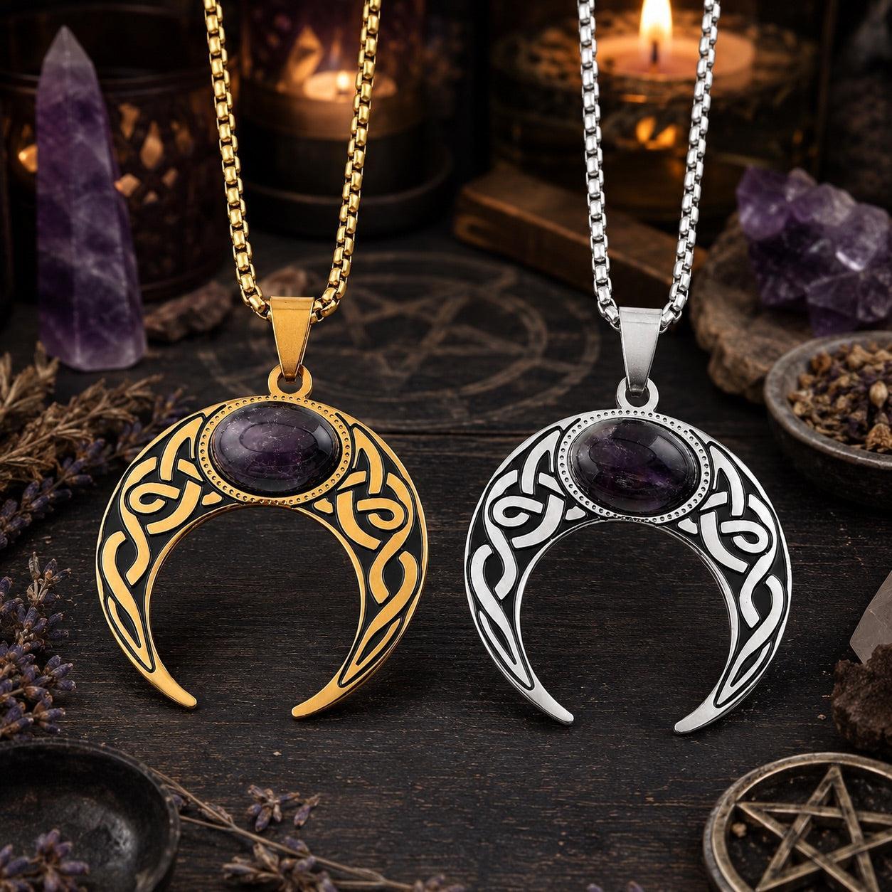 Gold and silver Celtic knot crescent moon necklaces with round amethyst gemstone pendants, styled on a dark witchy altar with amethyst crystals, lit candle, and pentagram