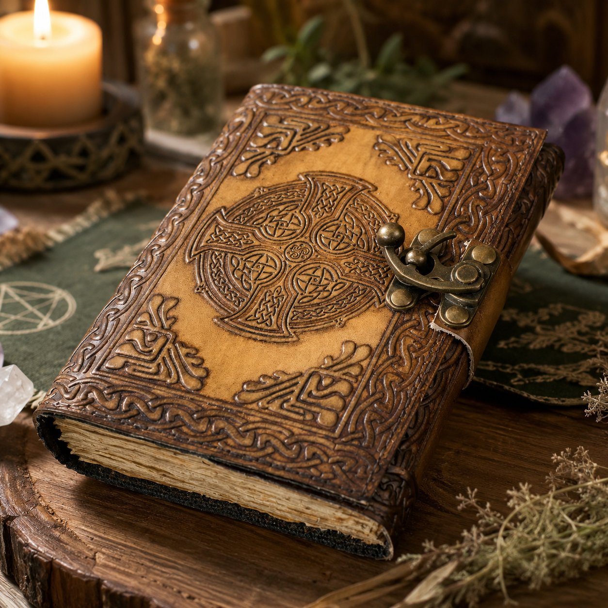 Celtic Knot Leather Journal with Latch – Handmade Pagan Grimoire Deckle Pages – leather journal, back cover view