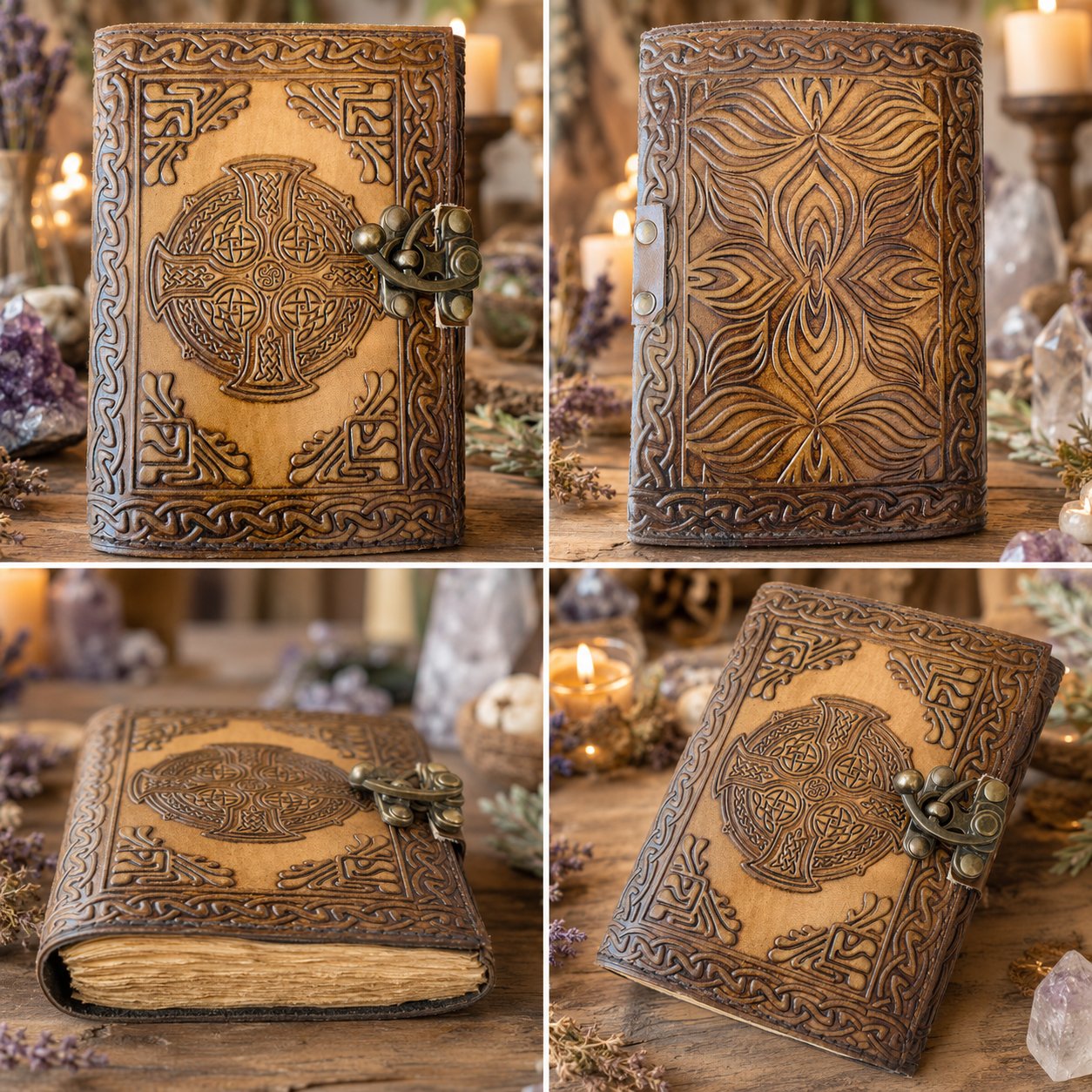 Celtic Knot Leather Journal with Latch – Handmade Pagan Grimoire Deckle Pages – leather journal, open blank pages view