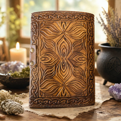 Celtic Knot Leather Journal with Latch – Handmade Pagan Grimoire Deckle Pages – leather journal, close-up cover detail
