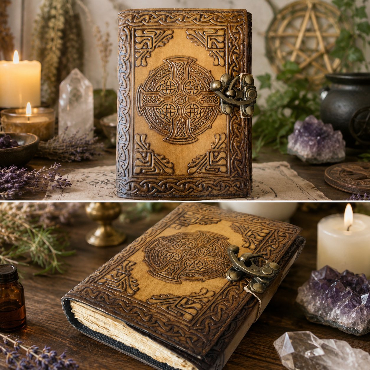 Celtic Knot Leather Journal with Latch – Handmade Pagan Grimoire Deckle Pages – leather journal, size and scale view
