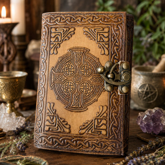 Celtic Knot Leather Journal with Latch – Handmade Pagan Grimoire Deckle Pages – leather journal, front cover view
