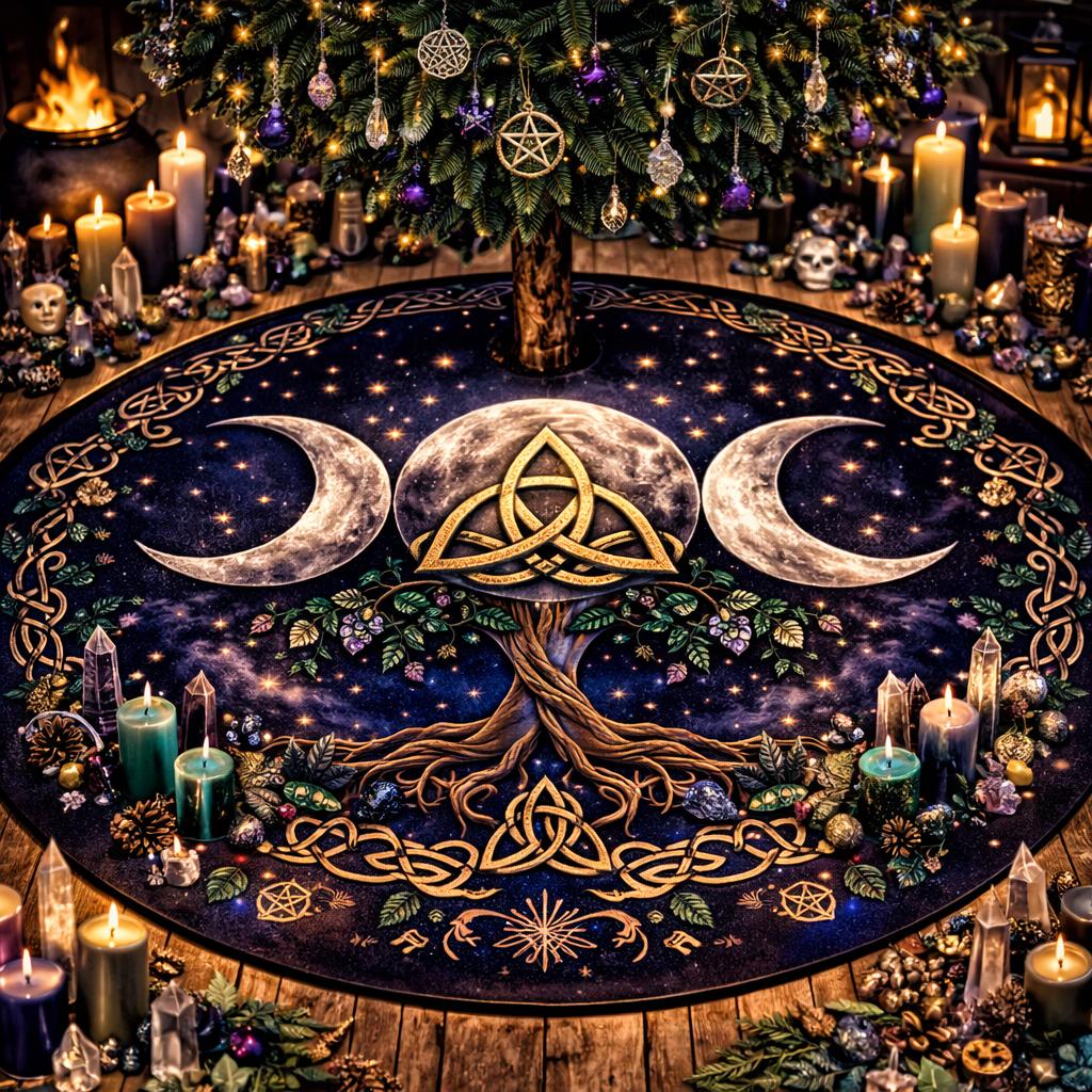 Dark blue velvet tree skirt with a golden Celtic Tree of Life, Triple Moon, and celestial symbols.