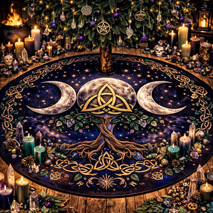 Dark blue velvet tree skirt with a golden Celtic Tree of Life, Triple Moon, and celestial symbols.