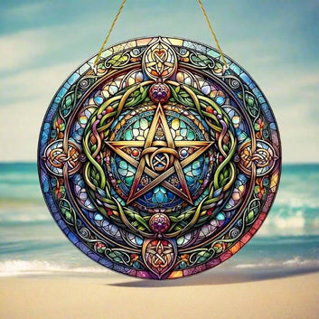 Celtic Knot Pentagram Suncatcher Wicca Pagan Acrylic Round Sign-MoonChildWorld