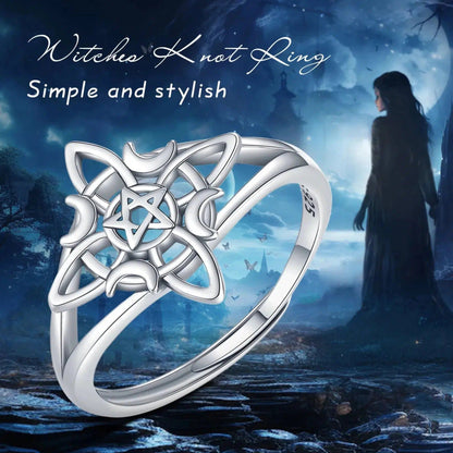 Sterling silver Celtic Knot Witchcraft Ring with a pentagram and crescent moon design, adjustable.