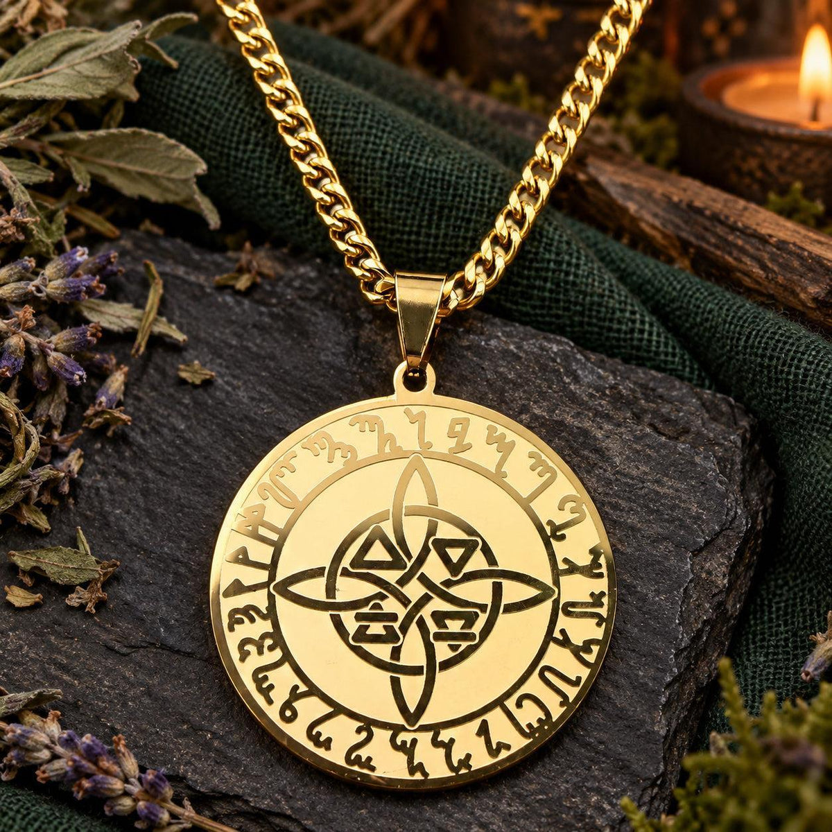 Gold-tone Nordic-inspired rune medallion necklace with central interlacing knot in a witchy altar setting