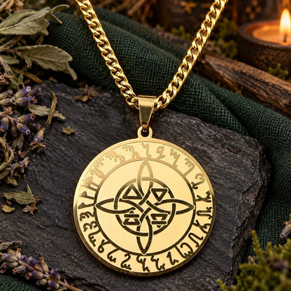 Gold-tone Nordic-inspired rune medallion necklace with central interlacing knot in a witchy altar setting