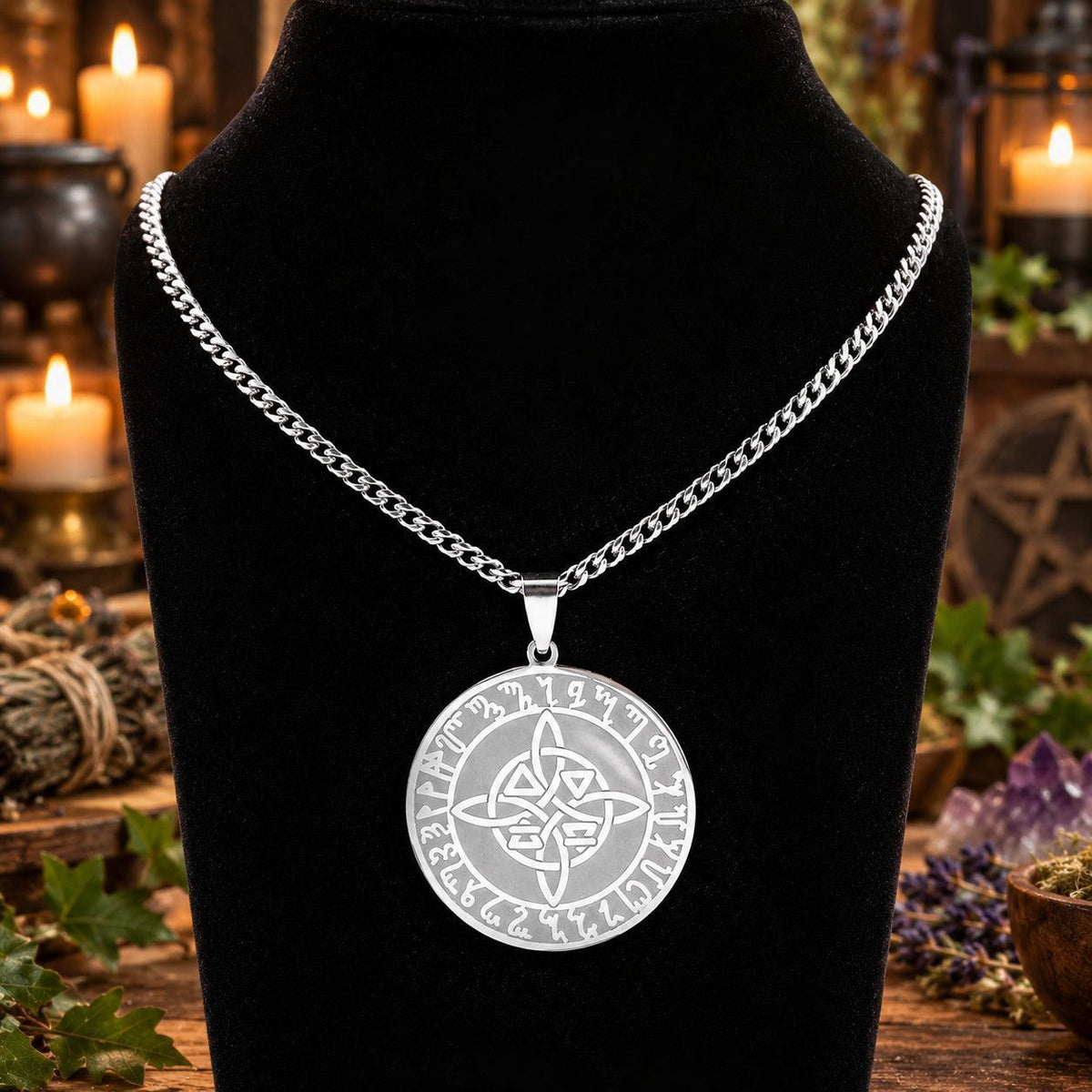 Celtic knot rune necklace with round medallion displayed on a black bust in a witchy altar setting
