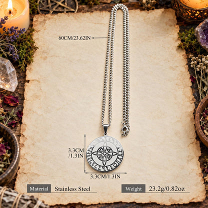 Celtic knot rune necklace size chart showing pendant dimensions, chain length and weight in a witchy altar setting