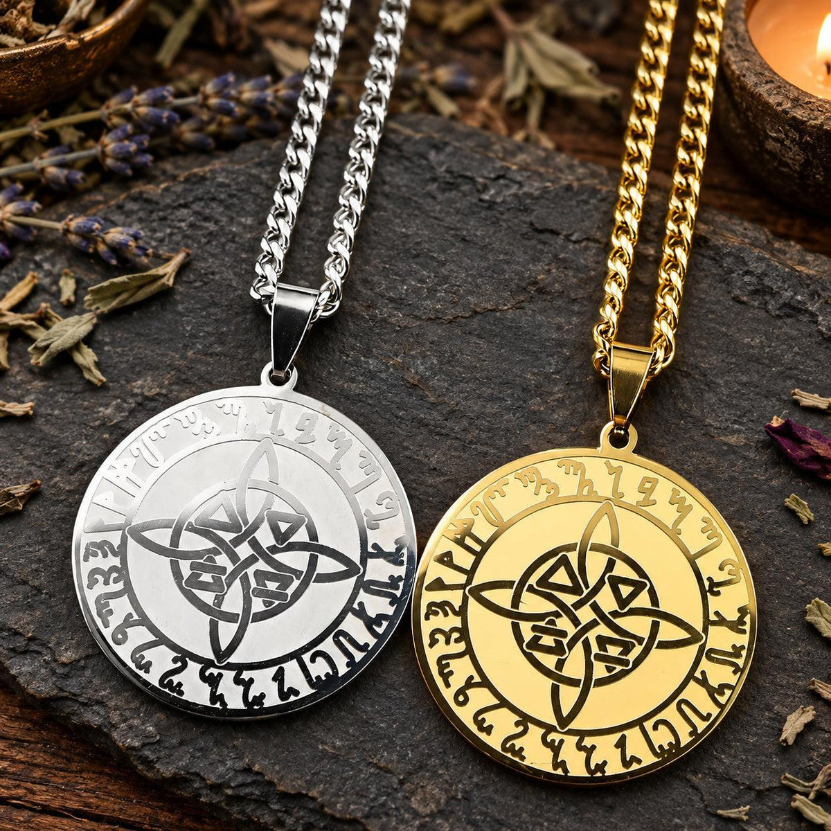 Celtic knot rune necklaces shown in silver-tone and gold-tone finishes in a witchy altar setting