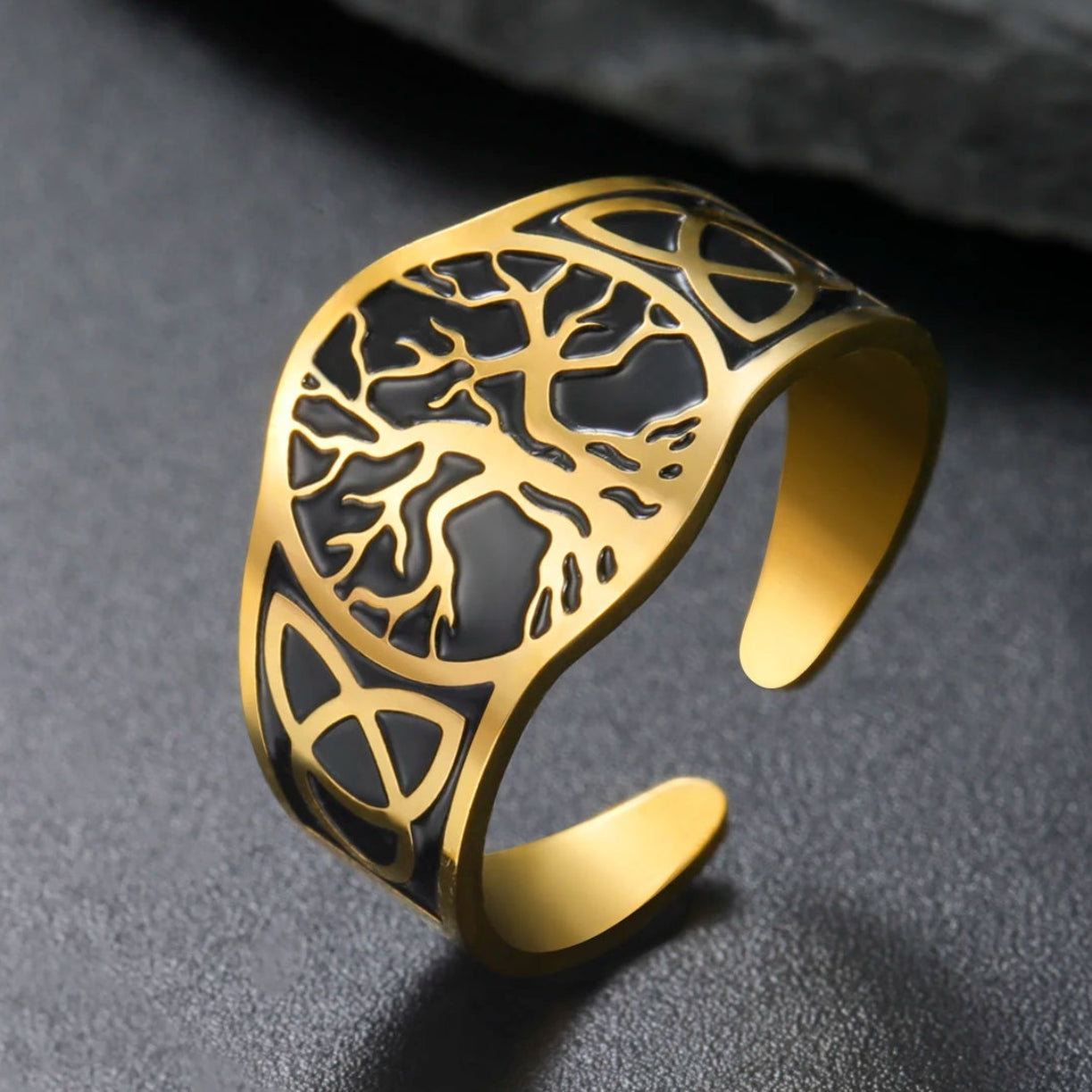 Tree of life Celtic knot ring worn on hand – gold Norse Pagan open band amulet jewellery