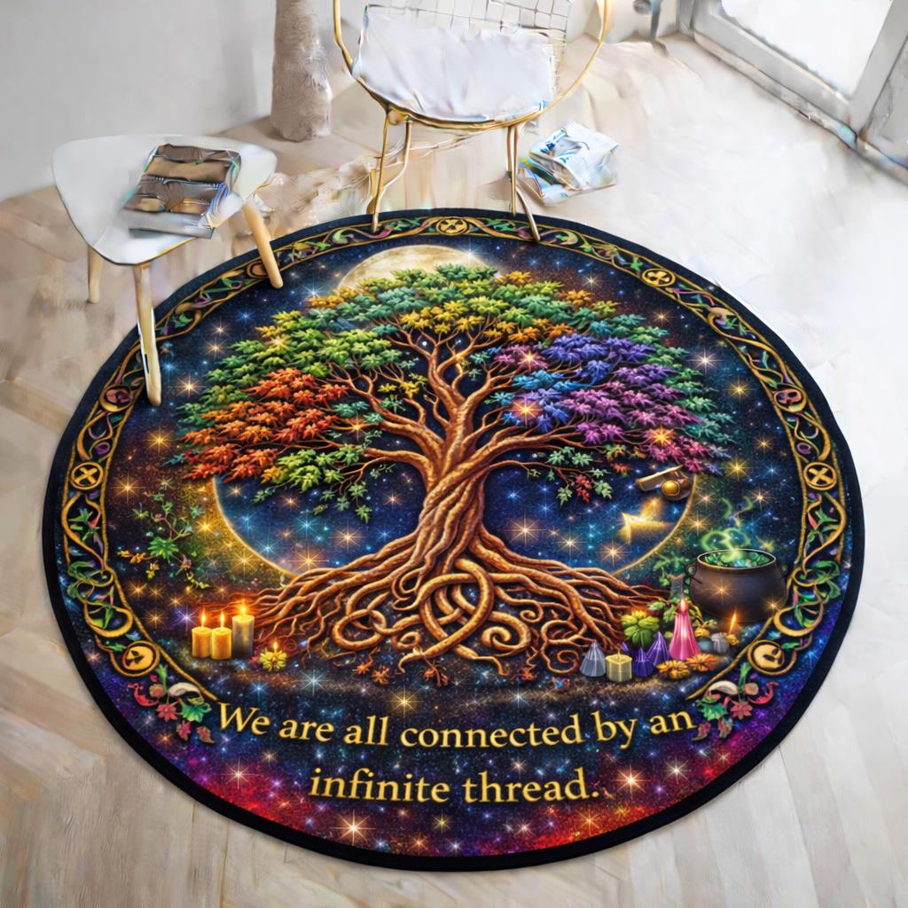 Vibrant Celtic Knot Tree of Life round rug with a rainbow tree, moon, candles, and "We are all connected" text.