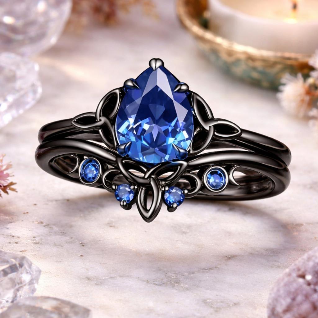 Celtic Knot & Triple Moon Wiccan Ring – 925 Sterling Silver Black Plated Pear Blue Cubic Zirconia Pagan Jewelry-MoonChildWorld